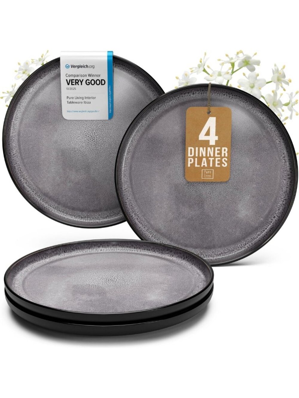 Set of 4 Large Stoneware Dinner Plates, 10.6” with Raised Rim - Kitchen